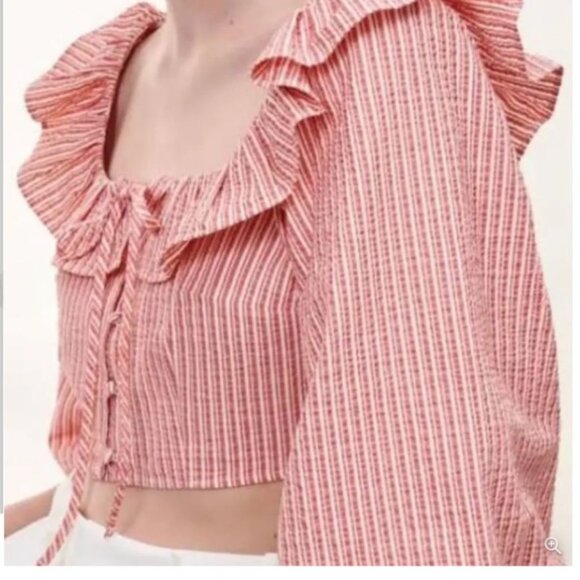 NEW Zara Cotton striped puff sleeve crop top in Red and White, Size L - Picture 11 of 15